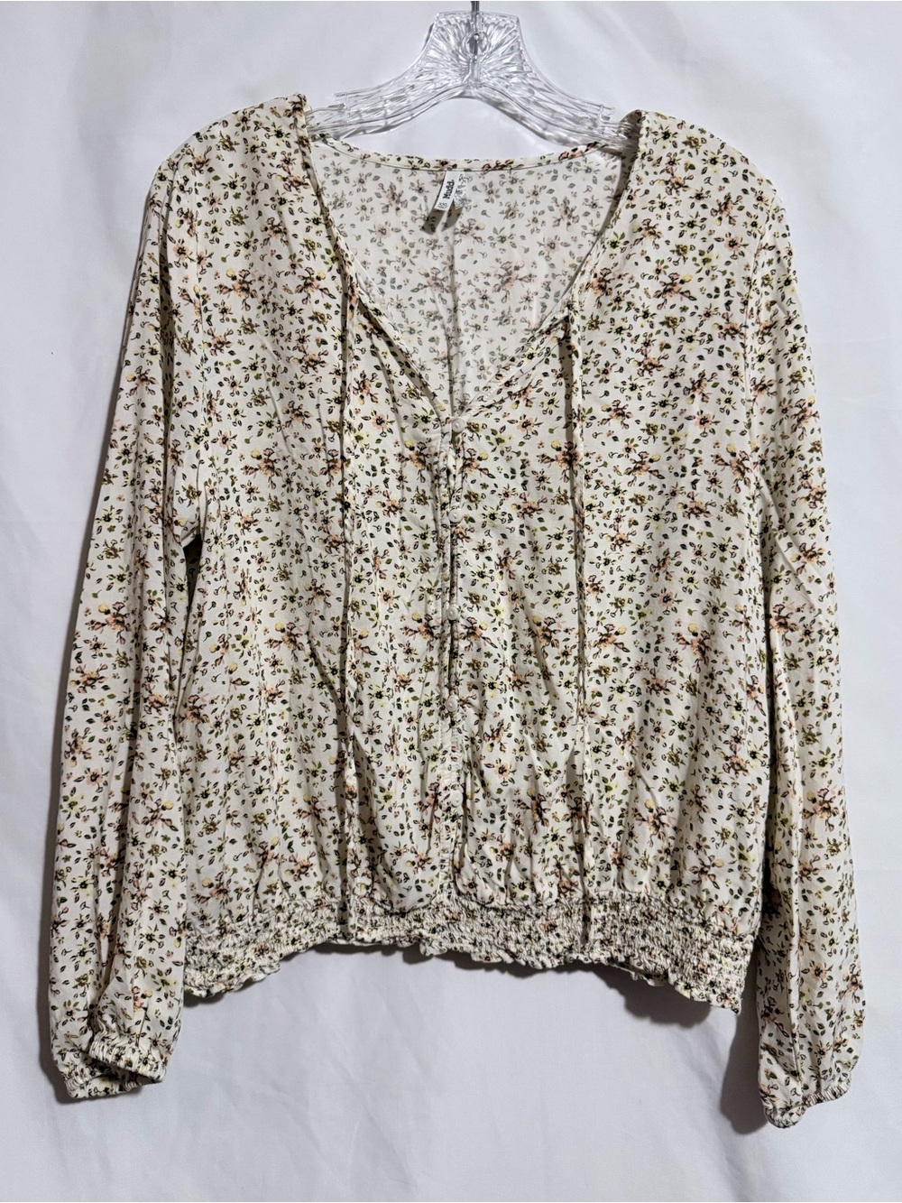Mudd Women’s XXL White Floral Woven Rayon V-Neck Long Sleeve Smocked Blouse